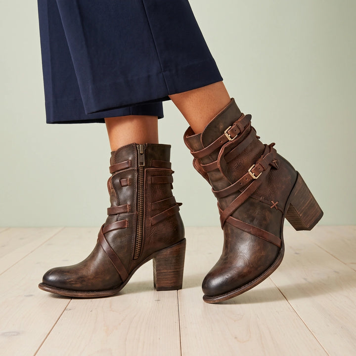 Claudine Distressed Leather Wrap Strap Block Heel Boots - Dark Brown