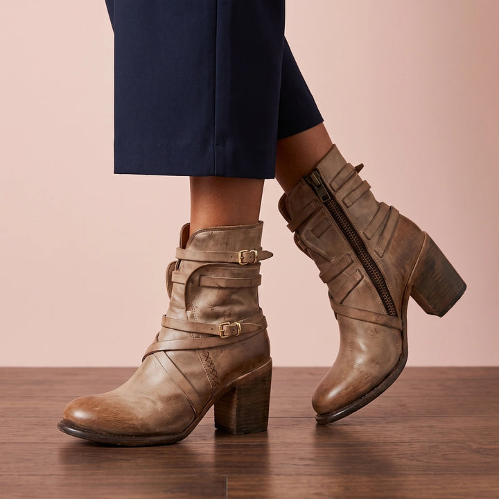Claudine Distressed Leather Wrap Strap Block Heel Boots - Light Brown