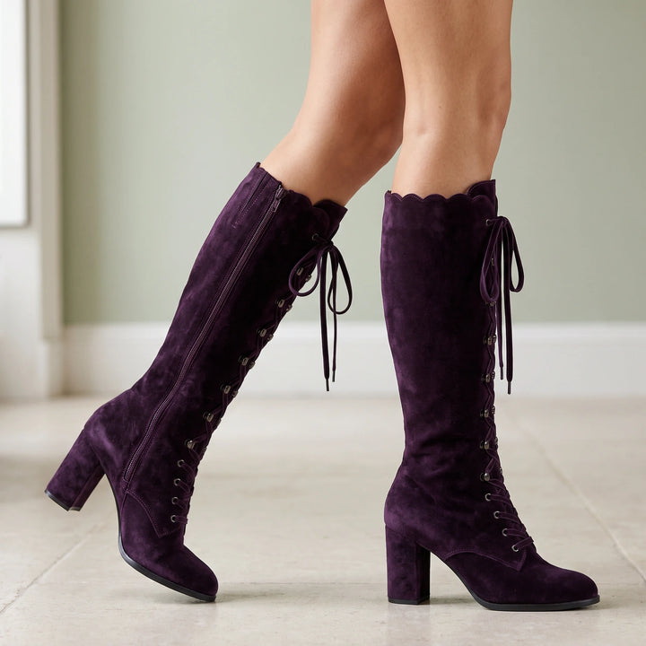 Clementina Suede Full Lace Up Knee High Boots - Purple