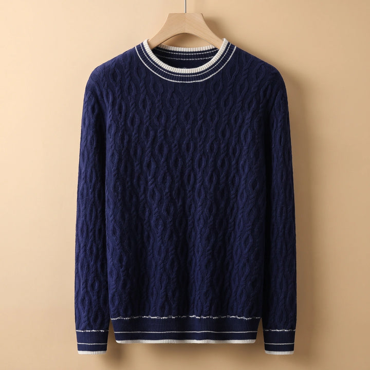 Constantin Cashmere Cable Knit Striped Trim Sweater - Navy Blue