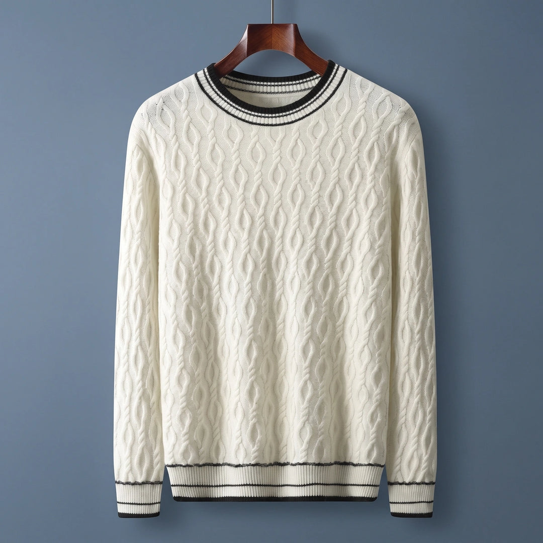 Constantin Cashmere Cable Knit Striped Trim Sweater - White