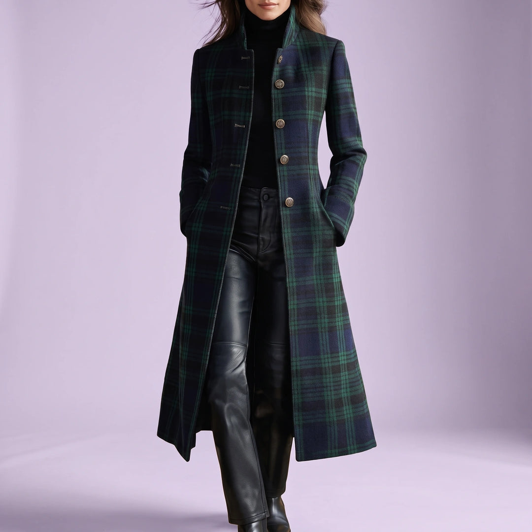 Coraline Long Plaid Wool Blend Coat - Green
