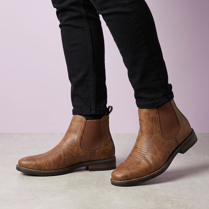 Cosimo Western Toe Vegan Leather Chelsea Boots - Brown