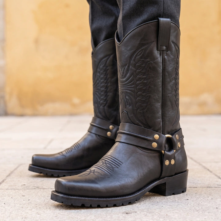 Cyprian Embroidered Leather Harness Square Toe Boots - Black