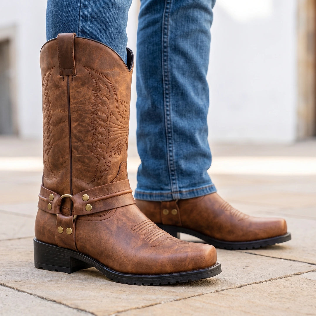 Cyprian Embroidered Leather Harness Square Toe Boots - Brown