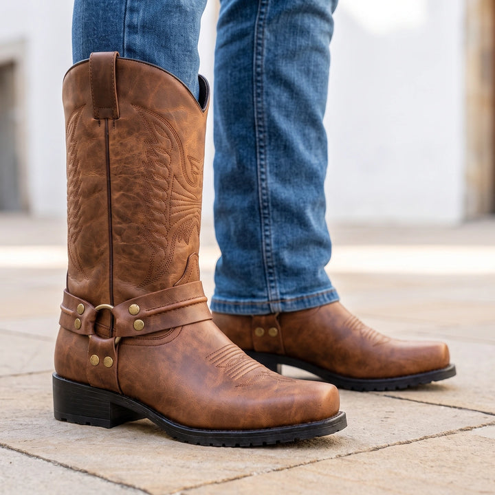 Cyprian Embroidered Leather Harness Square Toe Boots - Brown