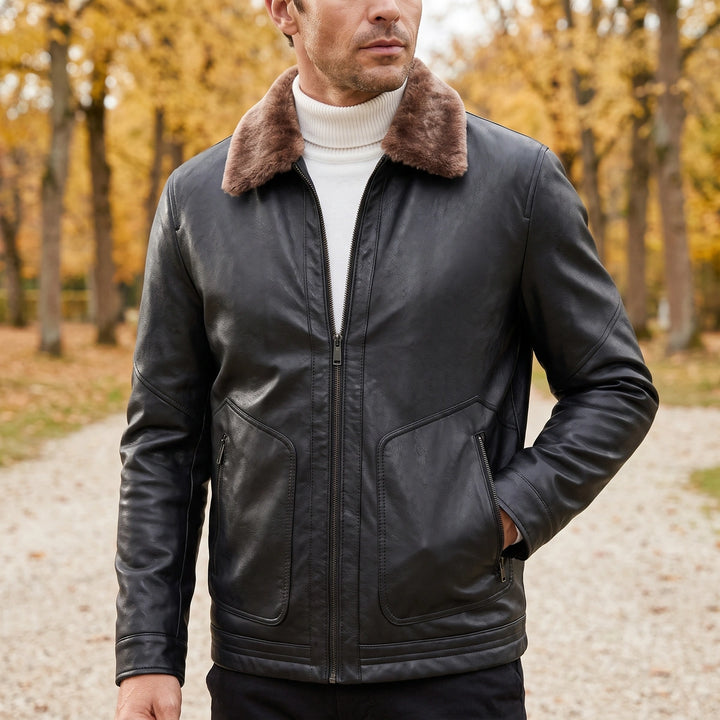 Cyrus Vegan Leather Shearling Collar Zip Jacket - Black