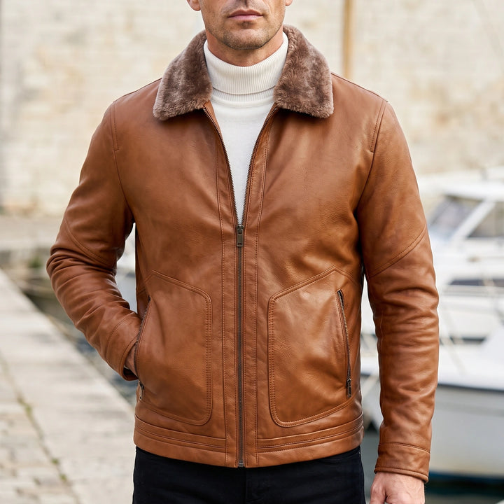 Cyrus Vegan Leather Shearling Collar Zip Jacket - Brown