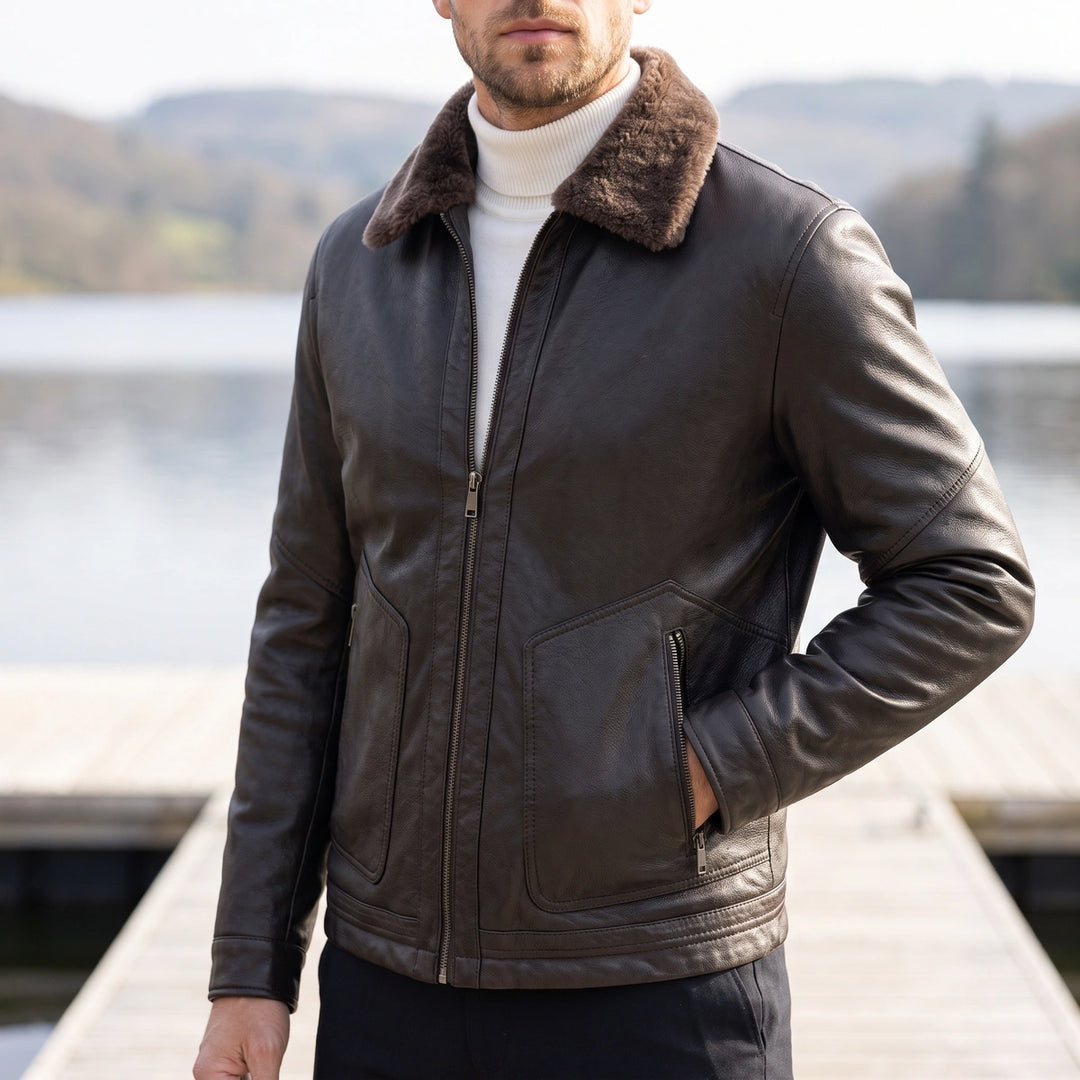 Cyrus Vegan Leather Shearling Collar Zip Jacket - Dark Gray