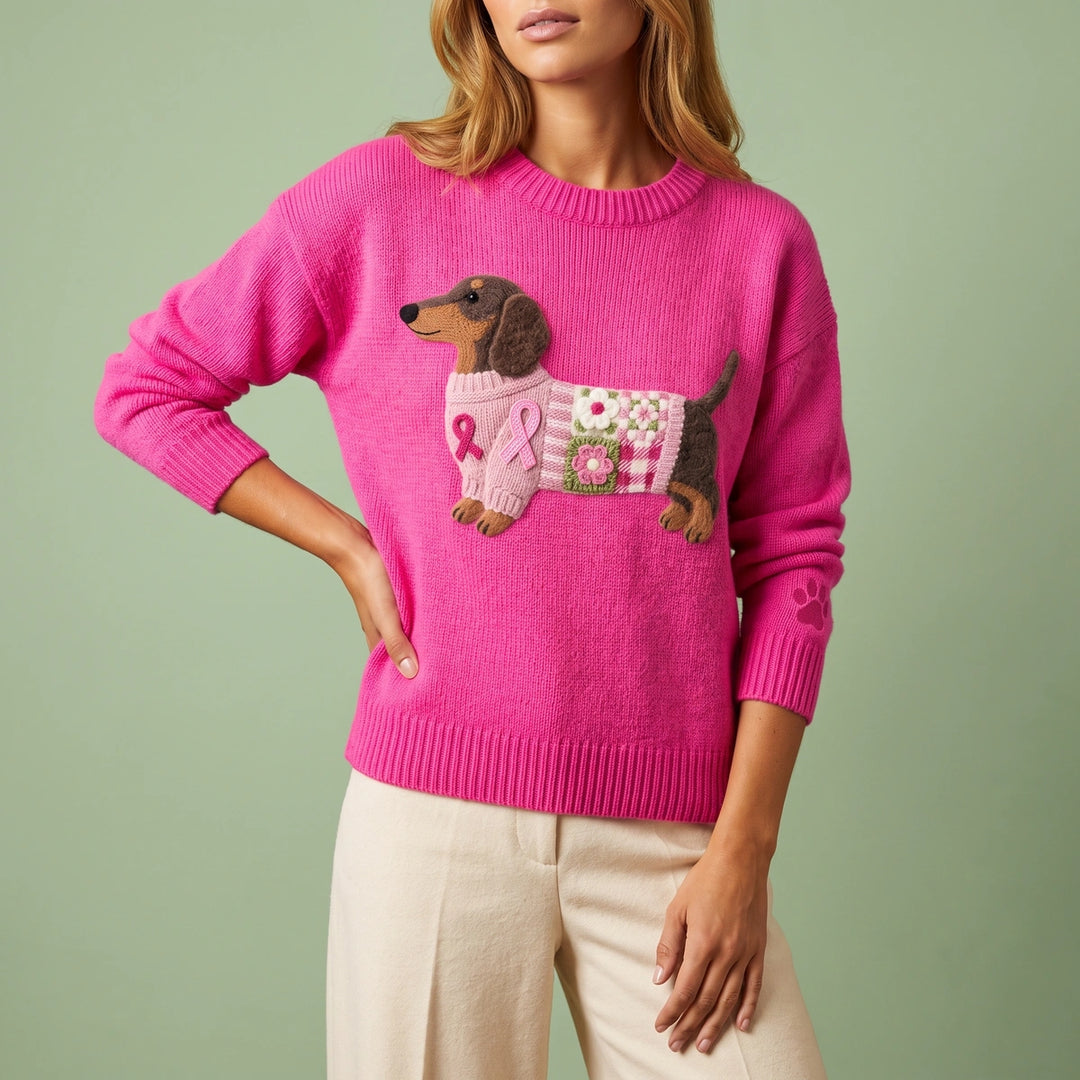 Dahlia Dachshund Applique Knit Sweater - Dark Pink