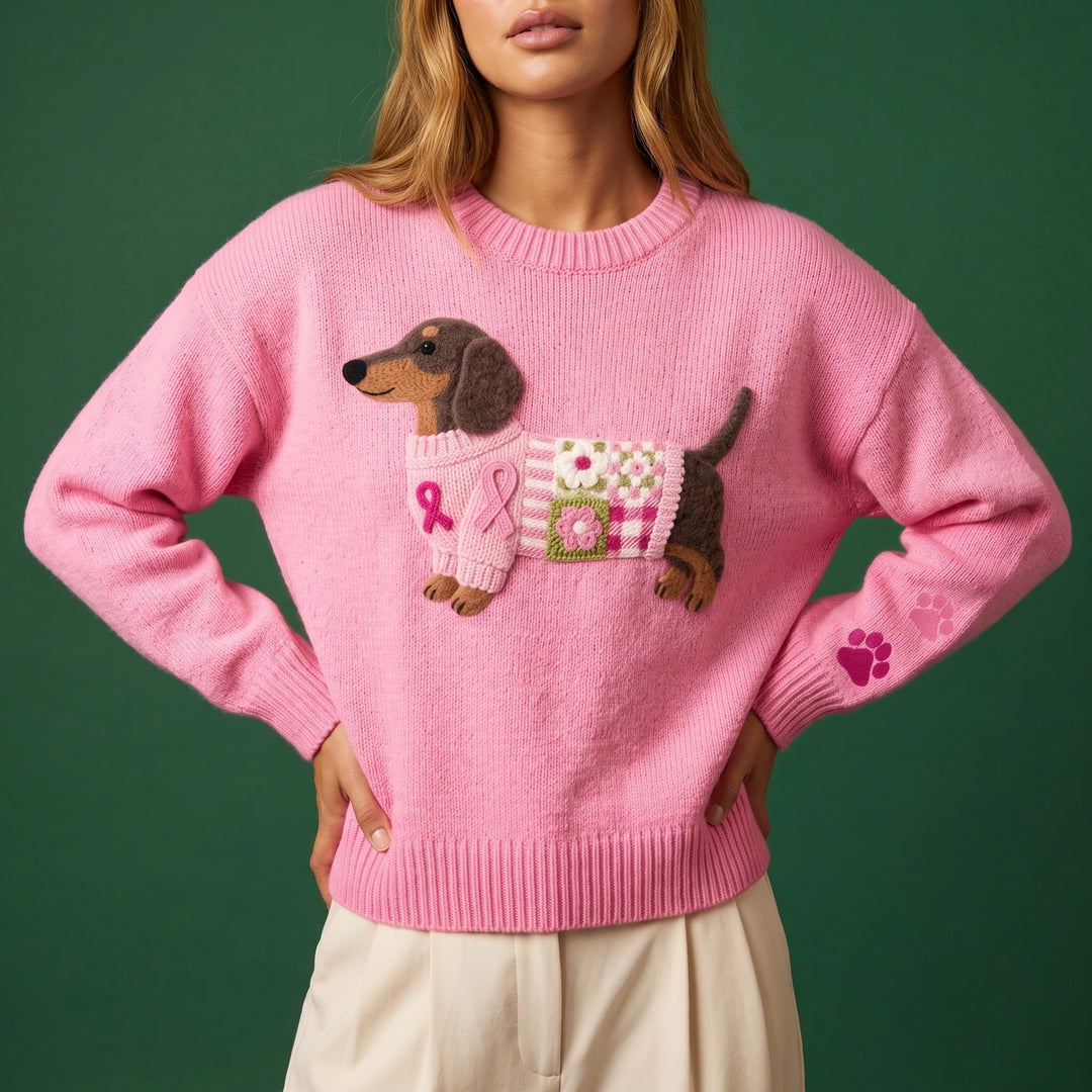 Dahlia Dachshund Applique Knit Sweater - Pink