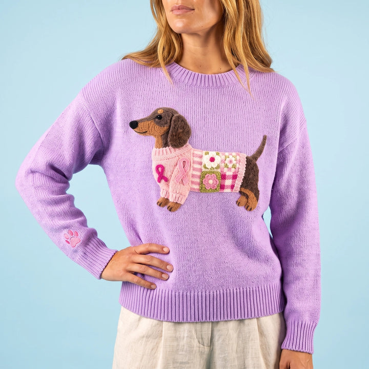 Dahlia Dachshund Applique Knit Sweater - Purple