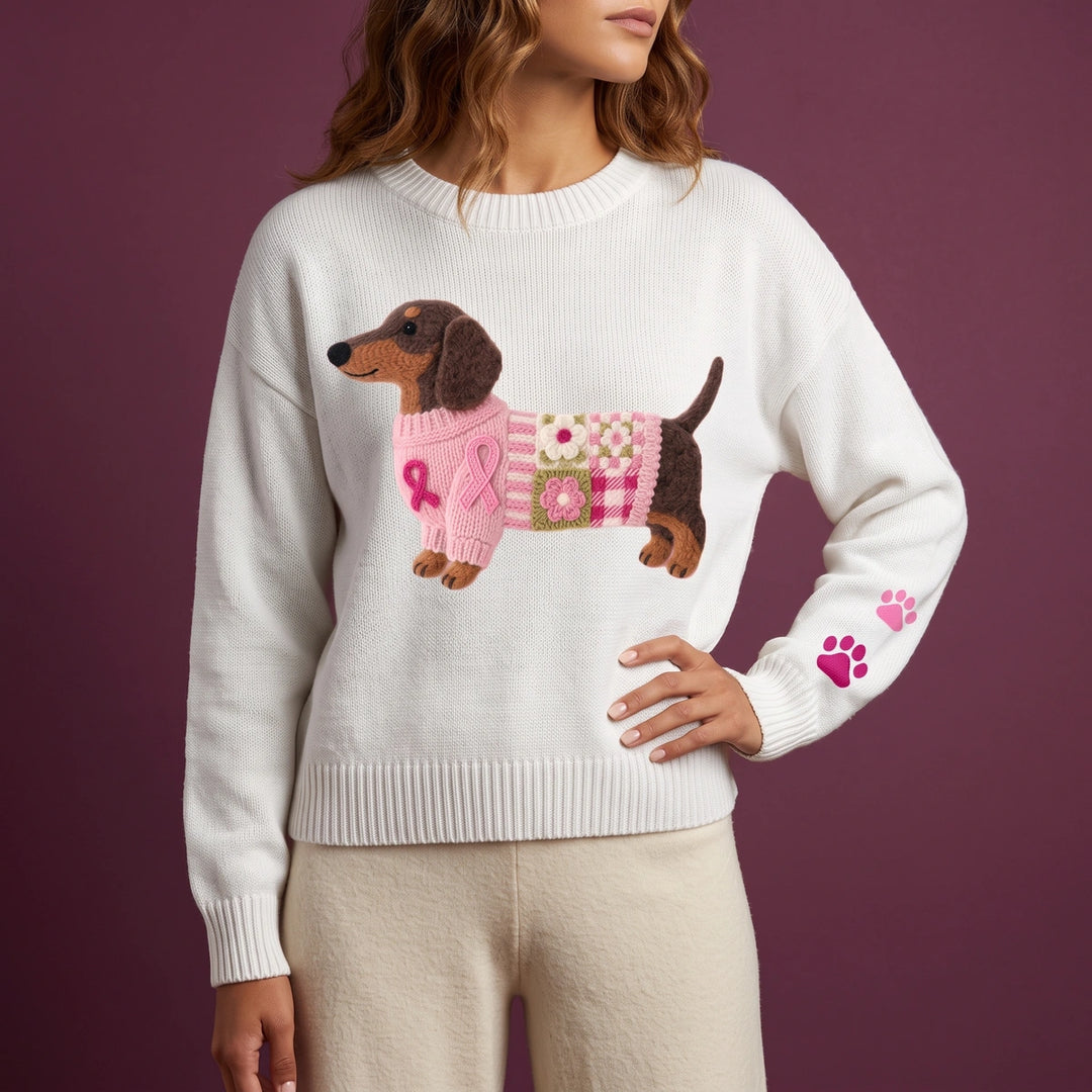 Dahlia Dachshund Applique Knit Sweater - White