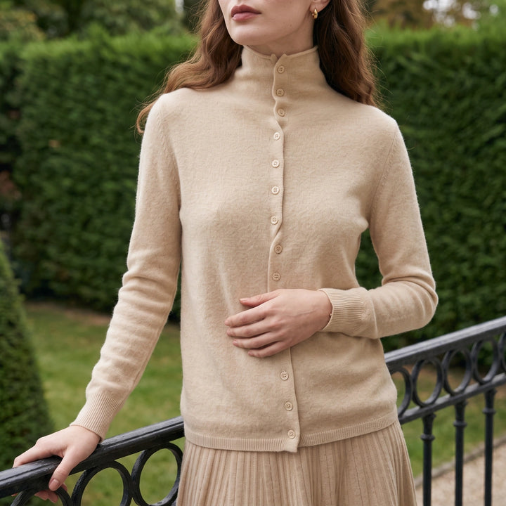 Damaris Cashmere High Neck Pearl Button Cardigan - Beige