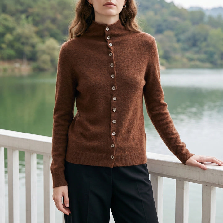 Damaris Cashmere High Neck Pearl Button Cardigan - Brown