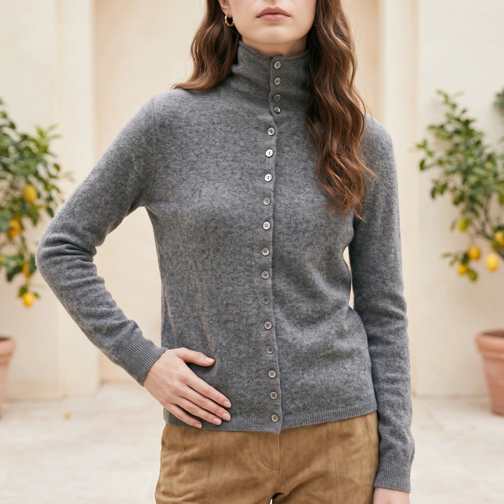 Damaris Cashmere High Neck Pearl Button Cardigan - Gray