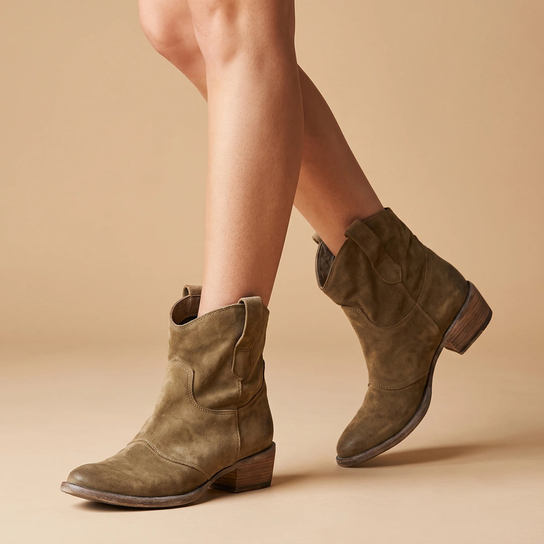 Darcy Distressed Suede Western Ankle Boots - Brown