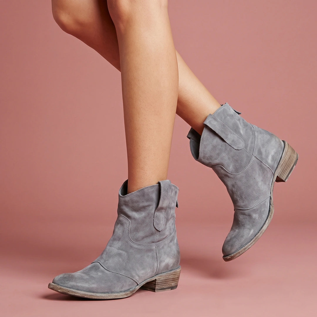 Darcy Distressed Suede Western Ankle Boots - Gray