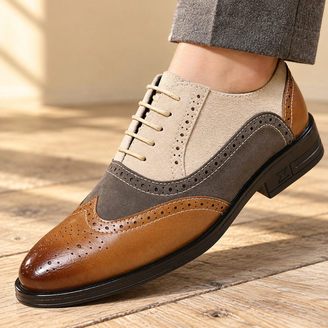 Darren Full Grain Leather Brogue Wingtip Oxfords - Beige