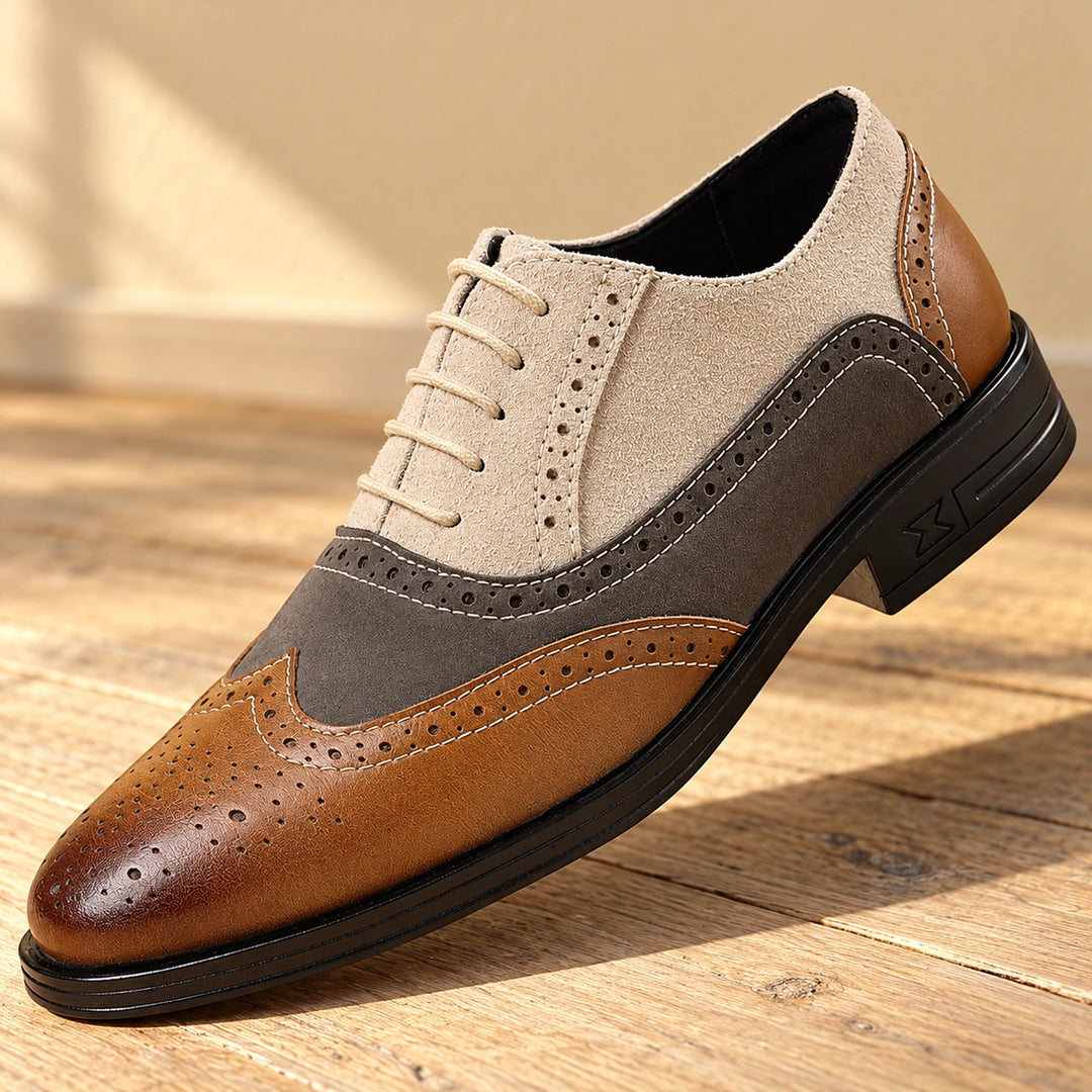 Darren Full Grain Leather Brogue Wingtip Oxfords - Beige