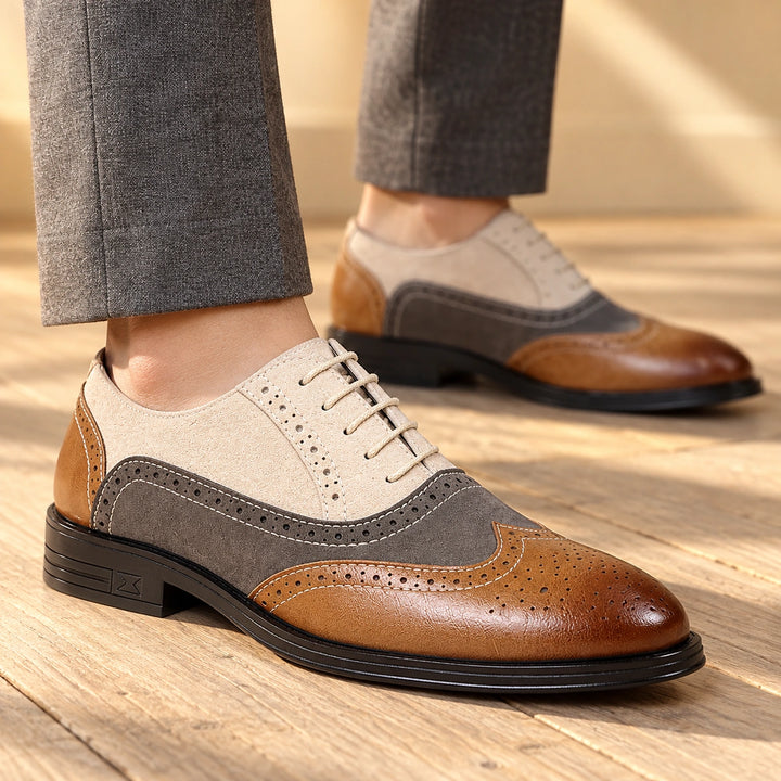 Darren Full Grain Leather Brogue Wingtip Oxfords - Beige
