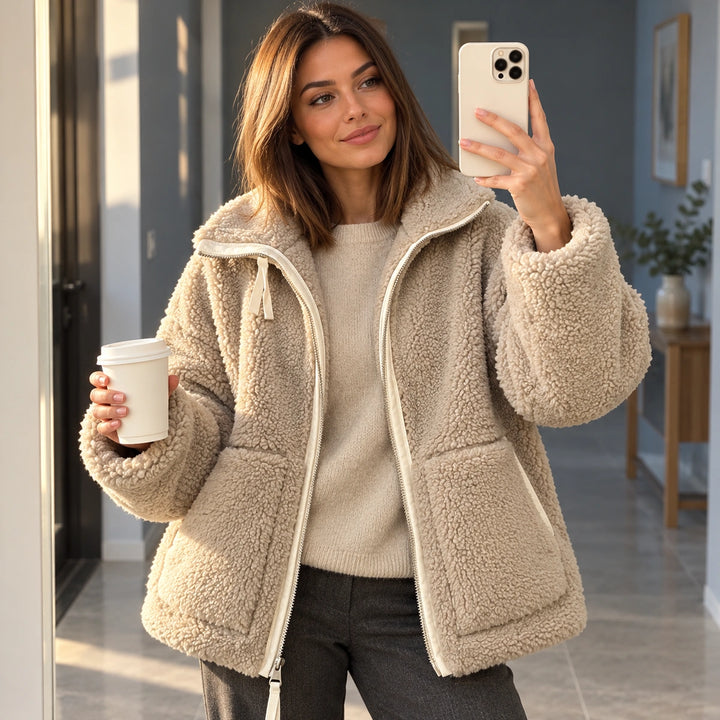 Dawn Plush Teddy Hooded Zip Jacket - Beige