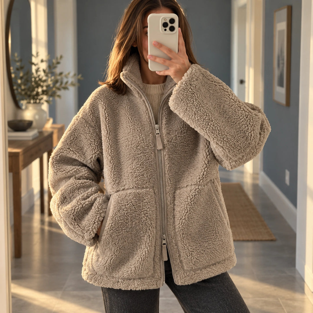Dawn Plush Teddy Hooded Zip Jacket - Khaki
