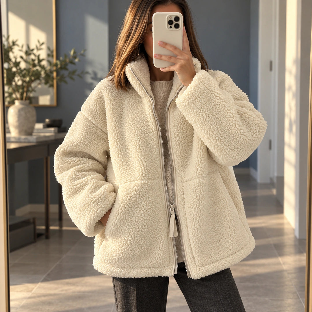 Dawn Plush Teddy Hooded Zip Jacket - White