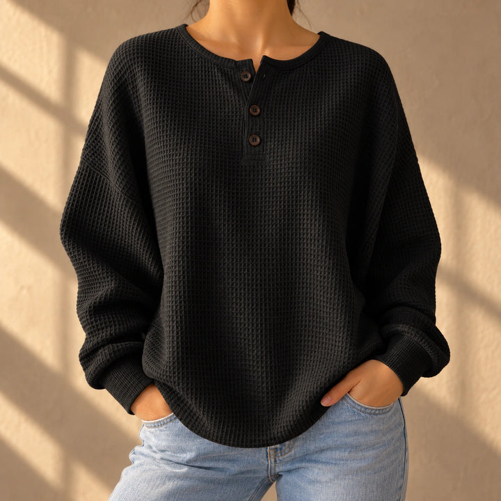 Denise Waffle Knit Oversized Henley Top - Black