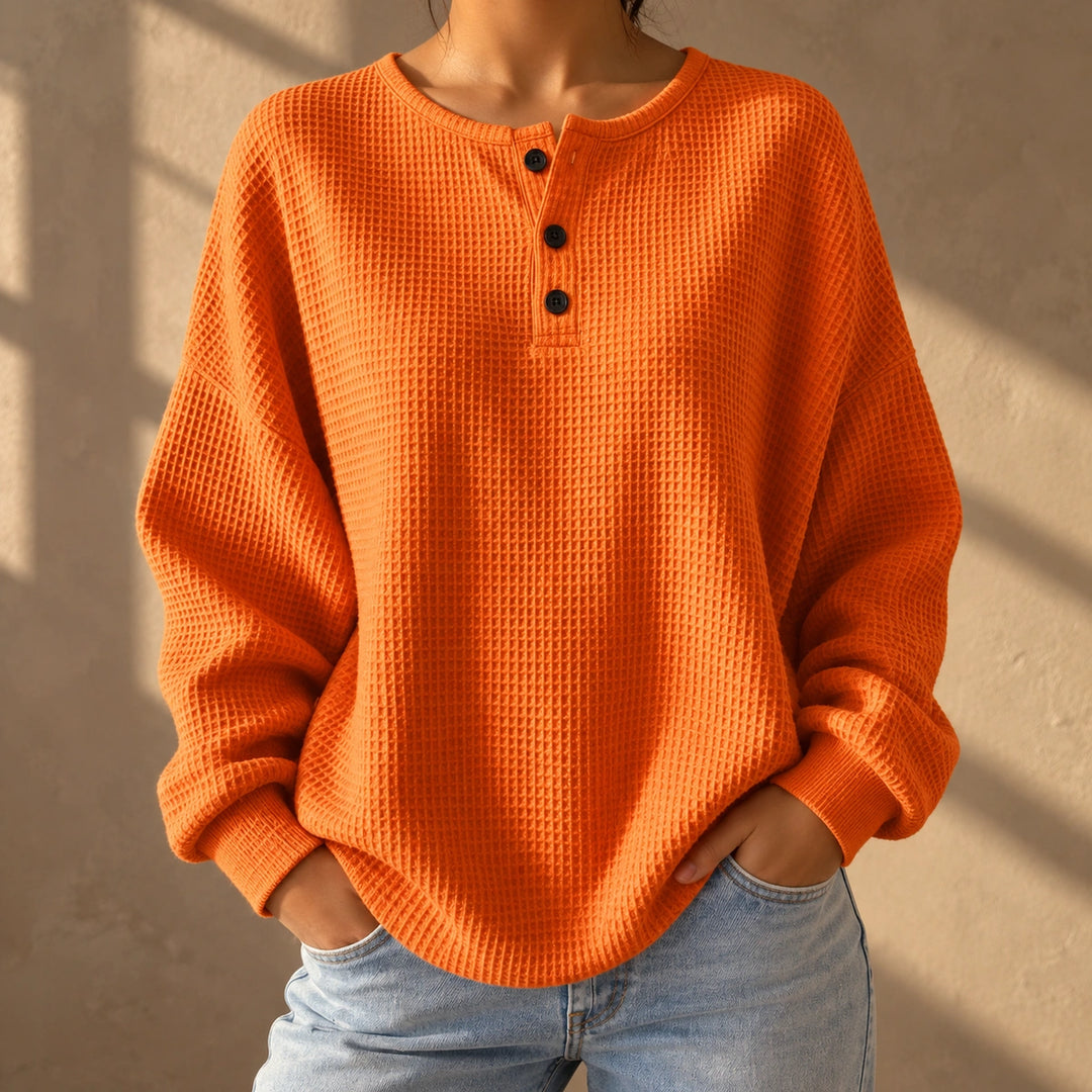 Denise Waffle Knit Oversized Henley Top - Orange