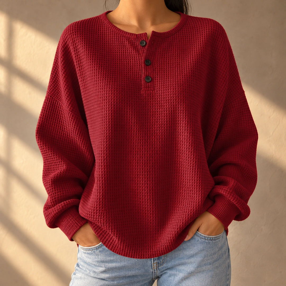 Denise Waffle Knit Oversized Henley Top - Red