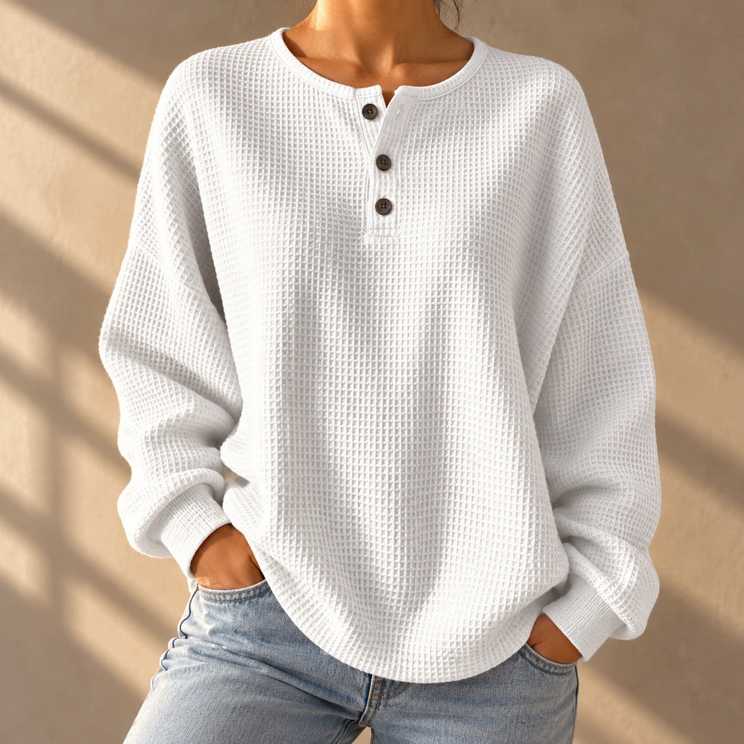 Denise Waffle Knit Oversized Henley Top - White