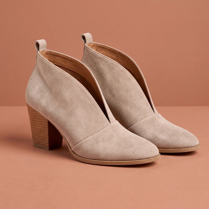 Diana Vegan Suede V Cut Block Heel Booties - Beige