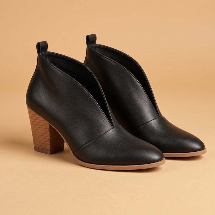 Diana Vegan Suede V Cut Block Heel Booties - Black