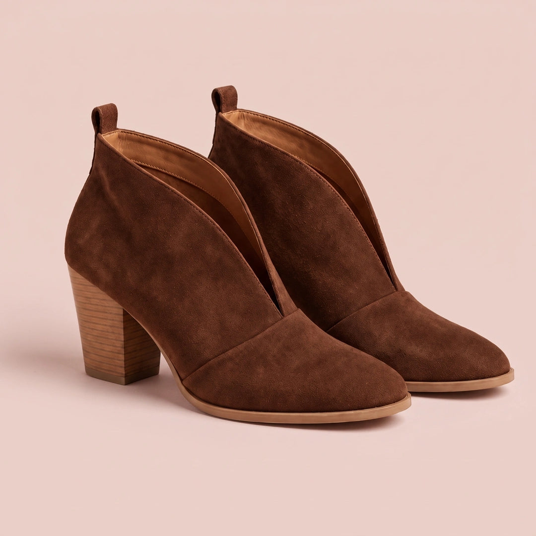 Diana Vegan Suede V Cut Block Heel Booties - Brown