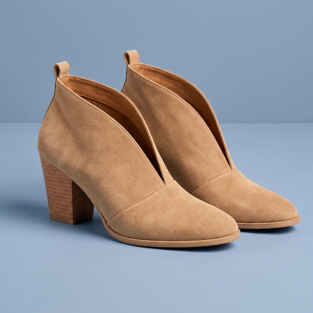 Diana Vegan Suede V Cut Block Heel Booties - Camel