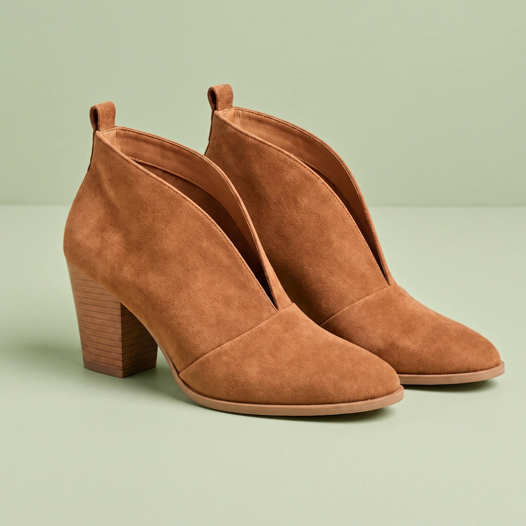 Diana Vegan Suede V Cut Block Heel Booties - Tan