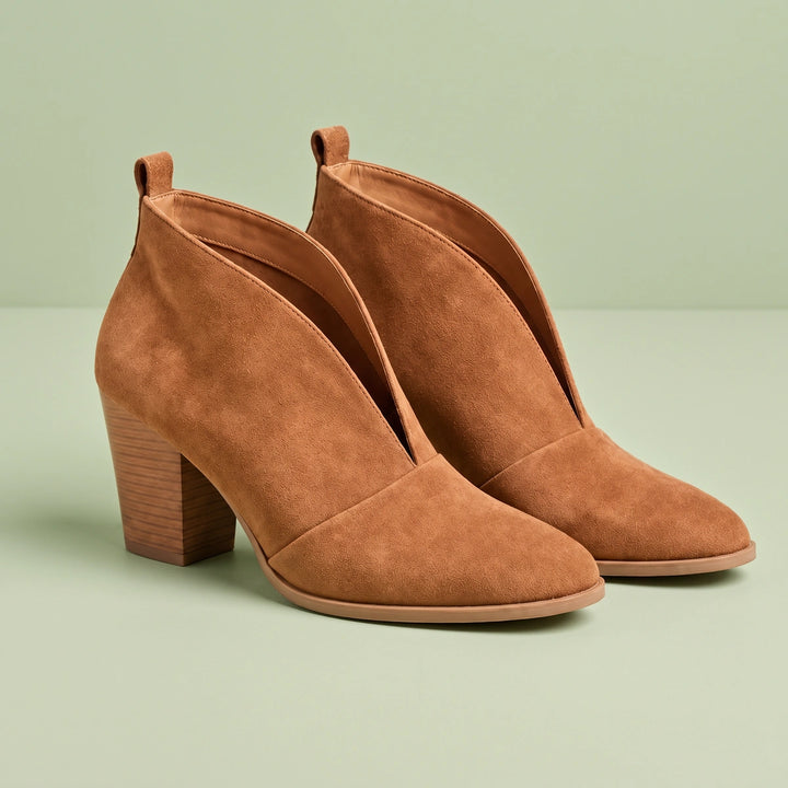 Diana Vegan Suede V Cut Block Heel Booties - Tan