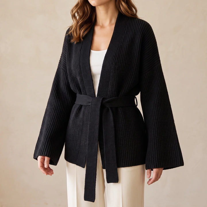 Dina Ribbed Wool Belted Open Front Cardigan - Black