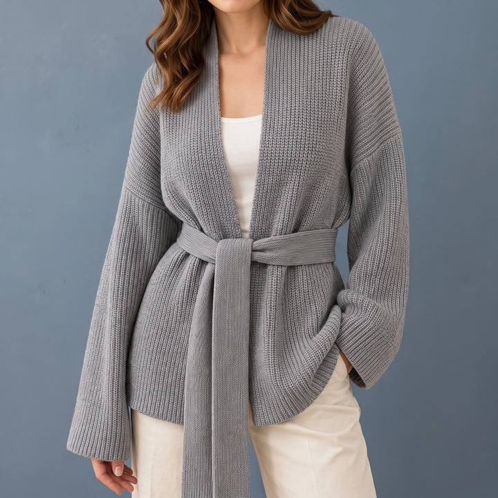 Dina Ribbed Wool Belted Open Front Cardigan - Gray