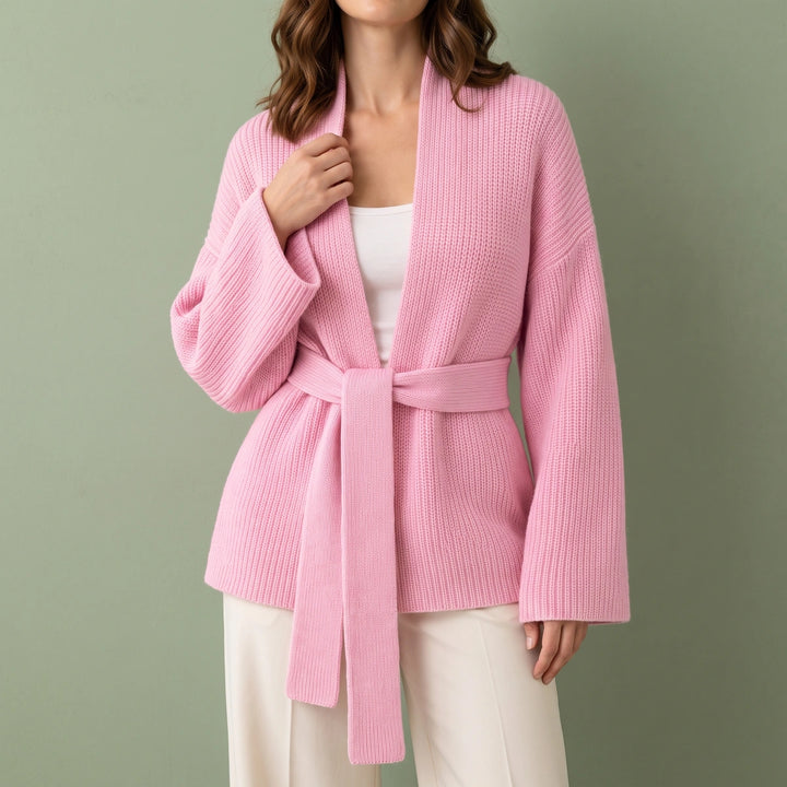 Dina Ribbed Wool Belted Open Front Cardigan - Pink