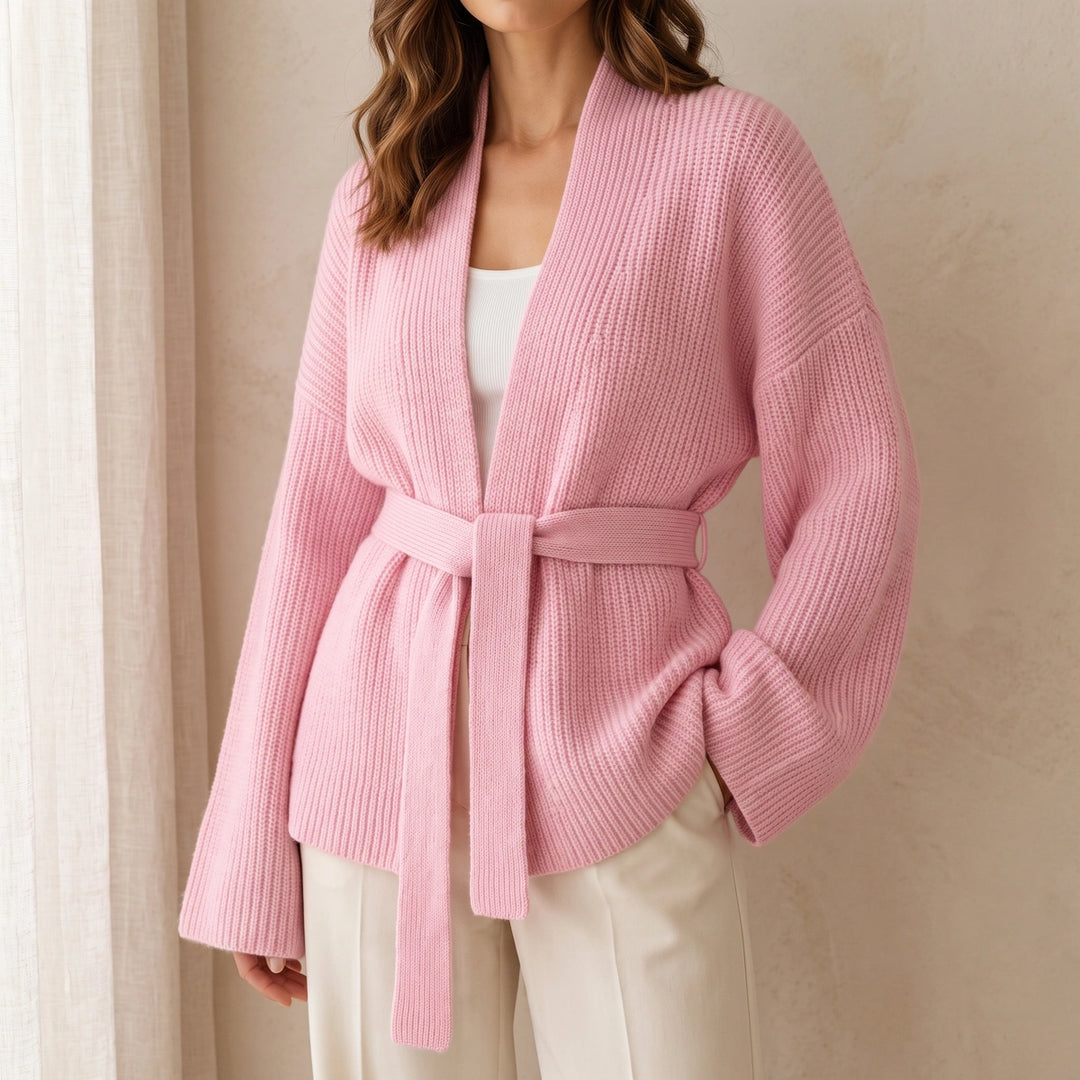 Dina Ribbed Wool Belted Open Front Cardigan - Pink
