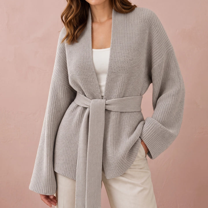 Dina Ribbed Wool Belted Open Front Cardigan - Taupe