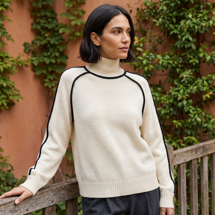 Dominique Contrast Piping Cashmere Turtleneck Sweater - Beige
