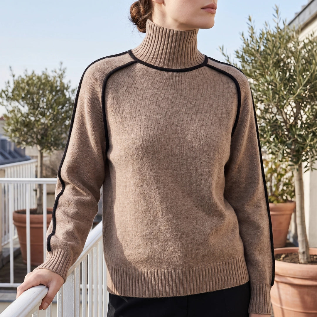Dominique Contrast Piping Cashmere Turtleneck Sweater - Coffee