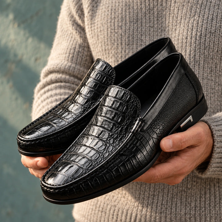 Donald Genuine Leather Croc Vamp Penny Loafers - Black