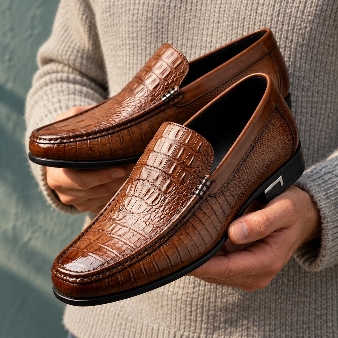 Donald Genuine Leather Croc Vamp Penny Loafers - Brown