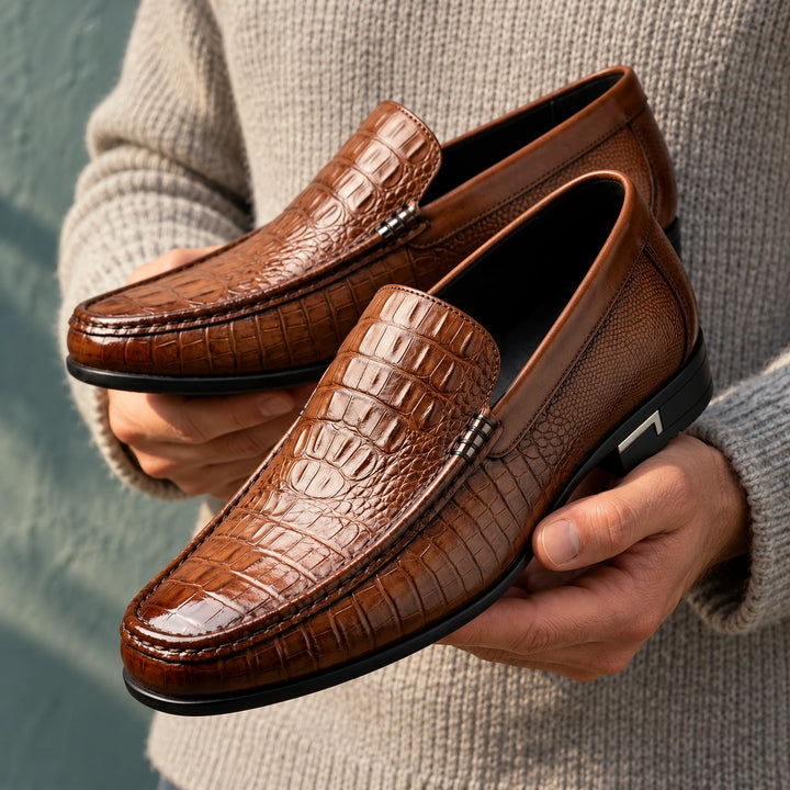 Donald Genuine Leather Croc Vamp Penny Loafers - Brown
