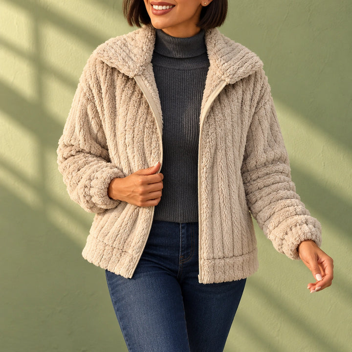 Donna Plush Ribbed Fleece Notch Collar Jacket - Apricot
