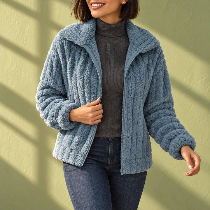Donna Plush Ribbed Fleece Notch Collar Jacket - Blue